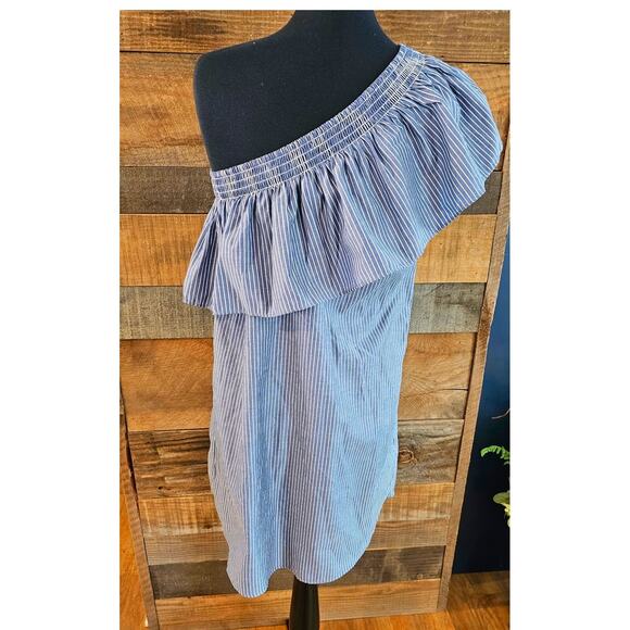 Sweet Wanderer Dress Womens Large Ruffle One Shoulder Striped Blue & White - Picture 2 of 8